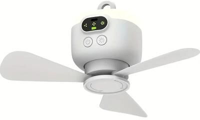 Uplift Essentials Rechargeable Camping Ceiling Fan With Remote Control, LED Light, And 8000mAh Battery white