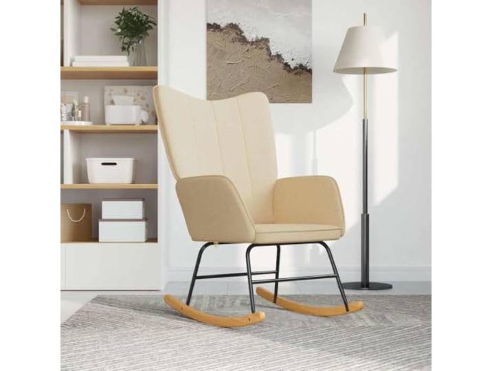 GBCDSWBR Schaukelstuhl Creme Stoff. Wohnzimmer Sessel mit Holz-Kufen Gesteppt, Schaumstoff-Polsterung, Stahlrahmen, Modernes Design