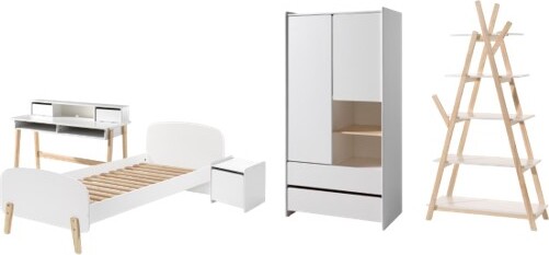 Diese KIDDY-Kombination besteht aus einem Bett (90x200) mit einem Nachttisch, einem Kleiderschrank mit 2 Türen, einem Schreibtisch und einem Bücherregal.