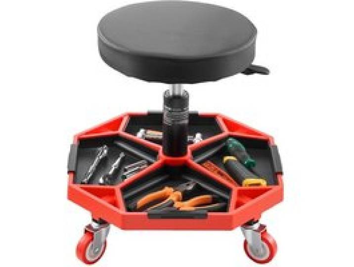 VEVOR Tabouret d'Atelier Mobile, Tabouret de Mécanicien sur Roulettes Capacité de Charge 136 kg, Hauteur Réglable, avec Plateaux à Outils, pour Entretien Réparation Automobile Garage, Noir et Rouge
