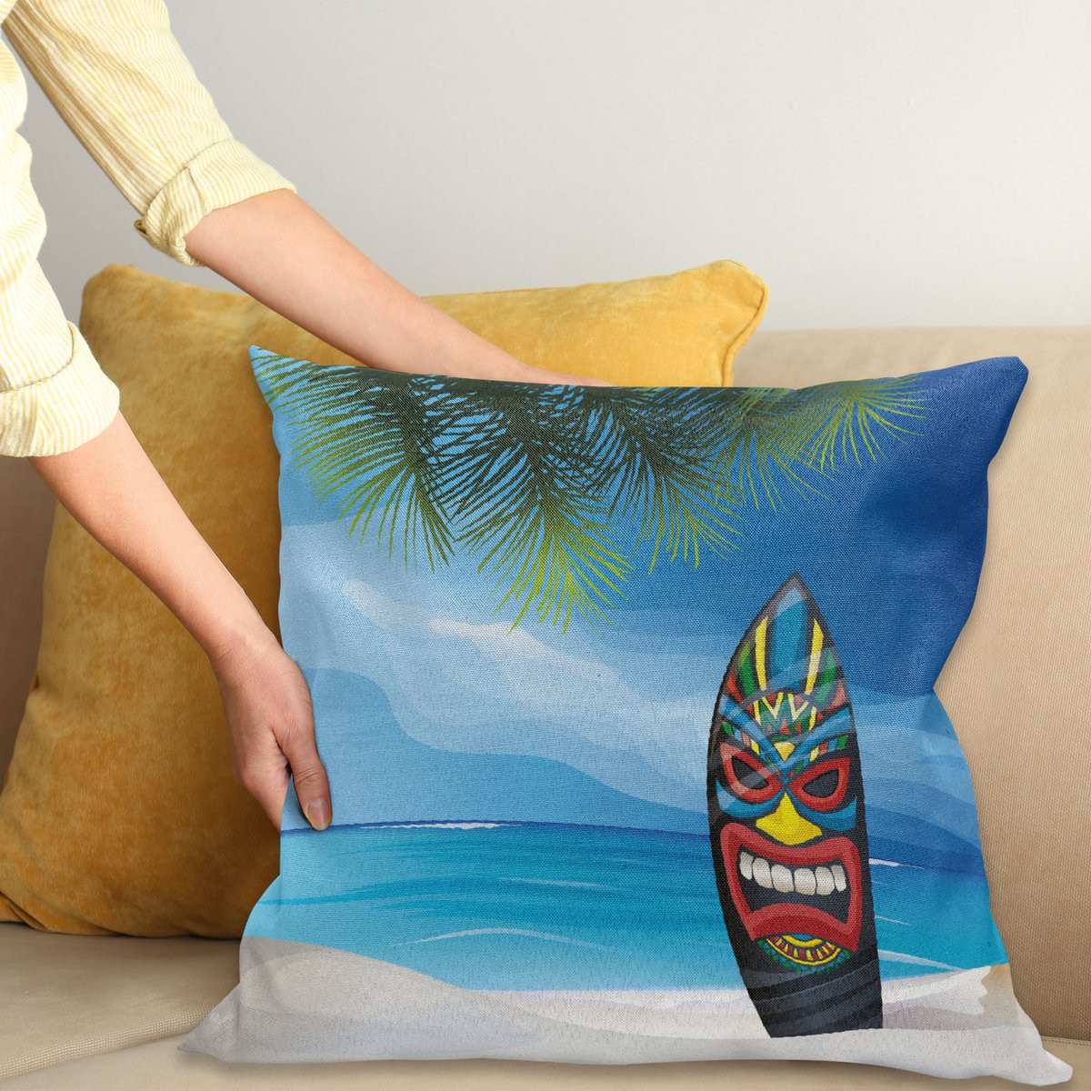 ABAKUHAUS Tiki-Bar Kussenhoes met Tiki Surfbrett Print, Meerkleurig, 40 x 40 cm