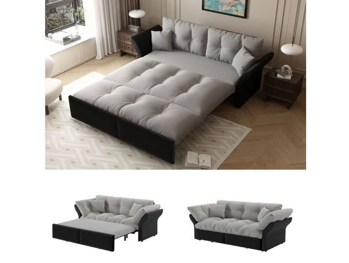 Lit gigogne banquette 190x120 cm Convertible 3-en-1 - Lit gigogne - Velours Gris - 2 Coussins - Dossier Rembourré - Design Moderne