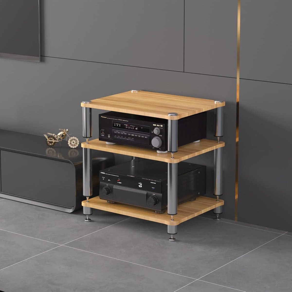 Audio Rack Stereo Kast met Verdikt Stalen Frame in Bruin