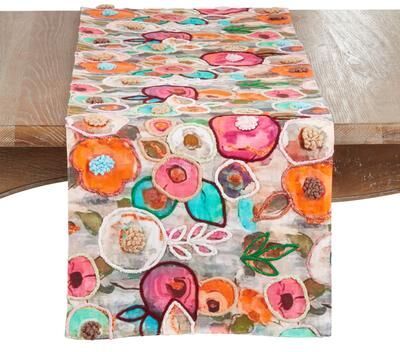 Saro Lifestyle "Colorful Floral Embroidered Table Runner - Decorative Non-Reversible Table Runner for Dining Table, 16""x72"""