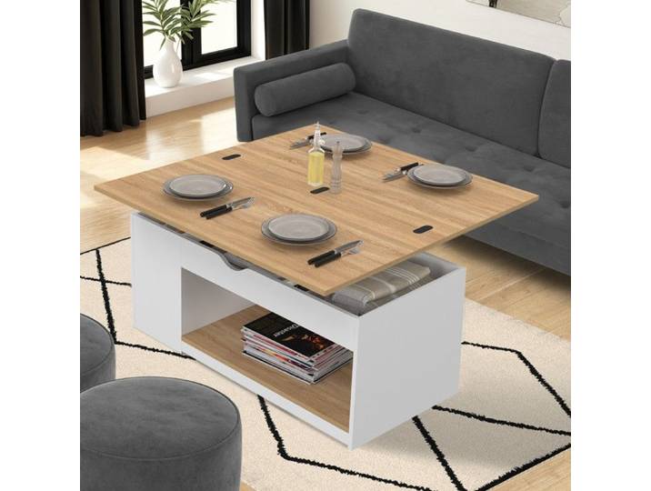 IDMARKET Table basse plateau relevable rectangulaire convertible en table à manger ELEA 100 cm bois blanc et façon hêtre