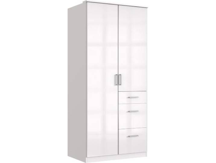 Kleiderschrank Clack, Weiß mit Hochglanz Weiß Lack Fronten, 91 cm mit Schubkästen, ohne Spiegel