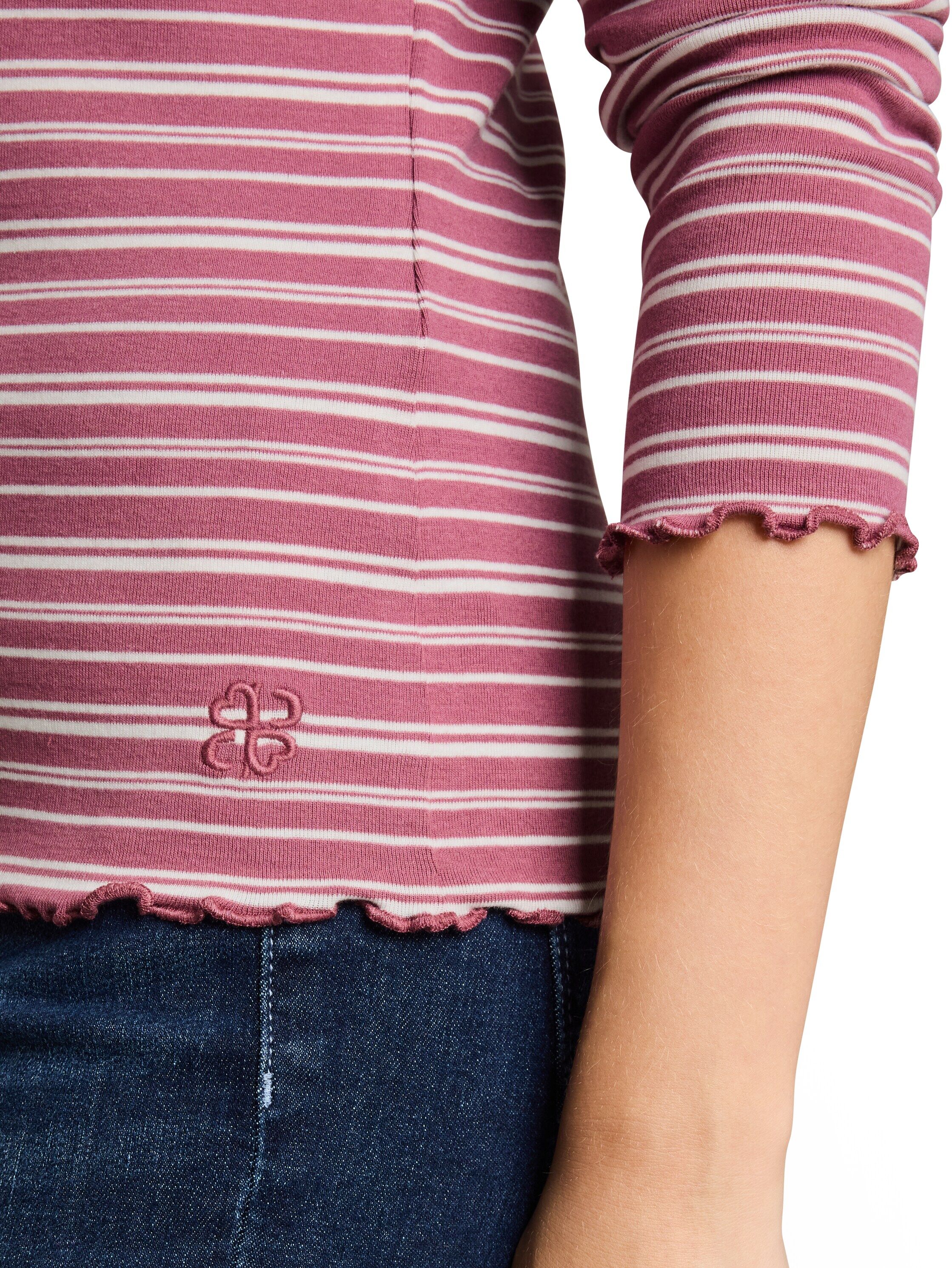 T-Shirt TOM TAILOR DENIM, Damen, Gr. XXL, rosa (berry weiß irregular stripe), Single Jersey, Obermaterial: 100% Baumwolle, gestreift, regular fit taillenbedeckt, tiefer Rundhals, gewellter Abschluss, Shirts T-Shirt, mit gewelltem Saum berry weiß irregular