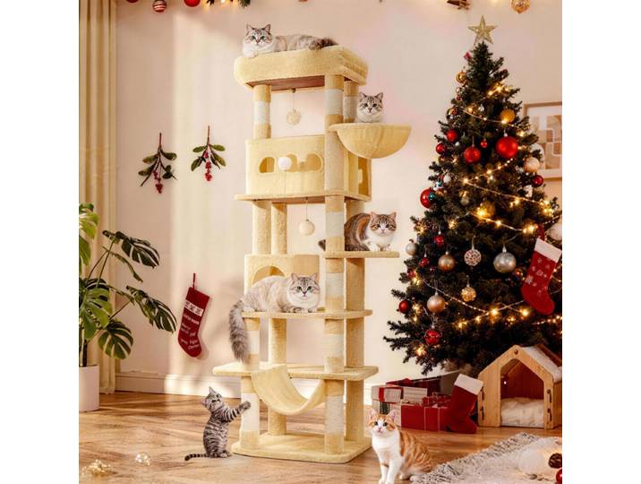 Arbre à chat de 170 cm, tour pour chat de grande taille, griffoir multi-niveaux avec grande perchoir, tapis lavable