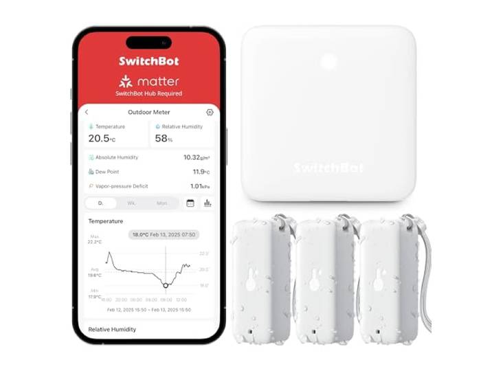 SwitchBot Smart thermometer hygrometer binnen en buiten, IP65 waterdichte temperatuur- en vochtigheidssensor met app-melding en gratis gegevensopslag, hub vereist (4)