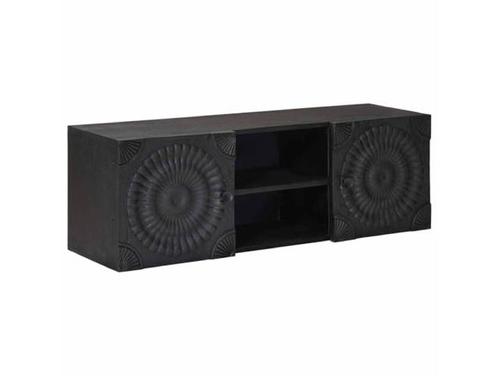 KTHLBRH TV-Schrank mit Regal, Schwarz, 105 x 30 x 35 cm Massivholz, Mangoholz, 2 Türen, offenes Regal, für modernes Wohnzimmer