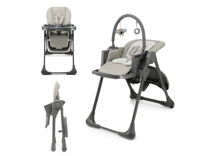 Kinderkraft TUMMIE Hochstuhl 2 in 1, Kinderhochstuhl, Babystuhl, Kombihochstuhl, ab den Ersten Lebensmonaten, Fußstütze, Halbliegende Position, Bezug aus PU, mit Spielzeugen, Grau