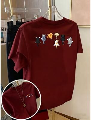 Universal Stock Cute Cat Graphic T Shirt For Women's Tee, Cotton Casual Summer Top wine Red xl