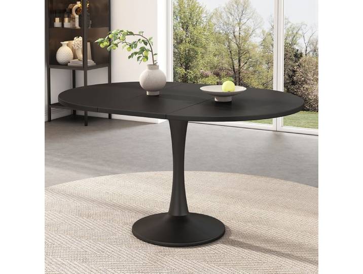 Table Extensible Ovale avec Pied Central pour Salle à Manger et Séjour Table de Repas et Loisirs MDF Noir - UVRION