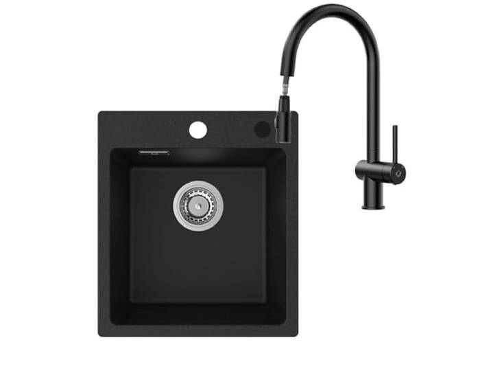 CECIPA Küchenspüle Granit Schwarz 40x45 cm im Set mit Ausziehbarer Armatur, Rechteckige Einbauspüle, TÜV-Zertifiziert, Inkl. Ablaufgarnitur