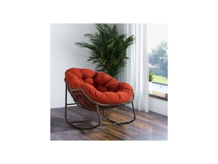 Fauteuil à bascule en rotin d'extérieur avec coussin rembourré pour terrasse jardin salon ou véranda coloris orange