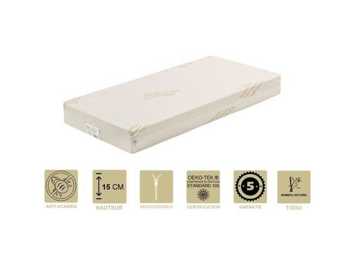 Matelas pour bébé 70x140 cm Hauteur 15 cm Déhoussable Housse Lavable à 30° - Tissu avec Bambou Naturel - Hyppoallergénique -