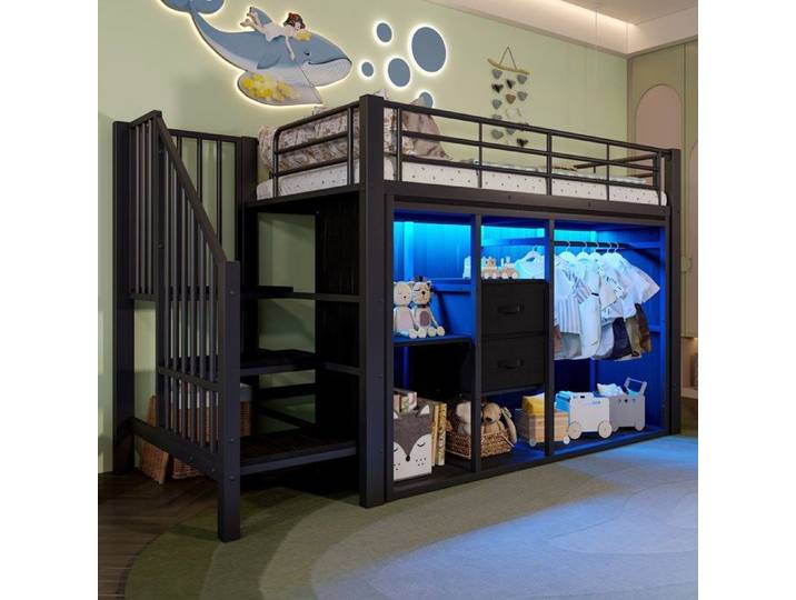 Lit mezzanine 1 place 90x200 lit mezzanine enfant lit mezzanine adulte avec LED 2 tiroirs et penderie ouverte cadre métal Noir