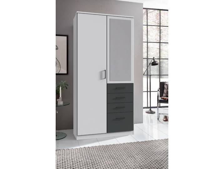 Drehtürenschrank Cottbus 90cm Weiß/Weiß/Graphit mit Spiegeltür/-en