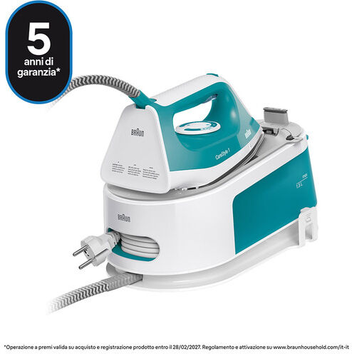 Braun CareStyle 1 - Ferro da stiro con caldaia, Piastra con tecnologia FreeGlide3D, 2400W, 1.5L, Bianco/Turchese (IS1013GR)