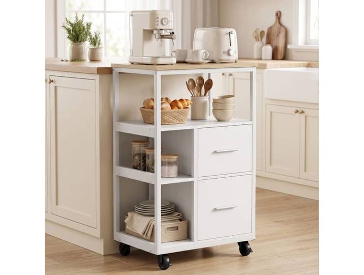 VUENOR Desserte de cuisine sur roulettes 53 x 37 x 89 cm blanche – 2 tiroirs et rangements ouverts