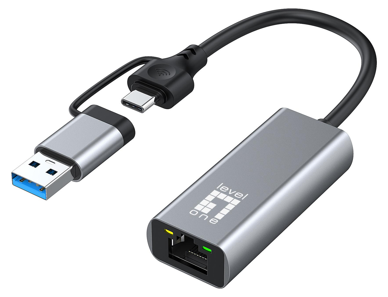 Level One USB-0423 Adapter: USB-C naar USB-A naar RJ45 met 10/100/1000/2500 Mbps snelheid