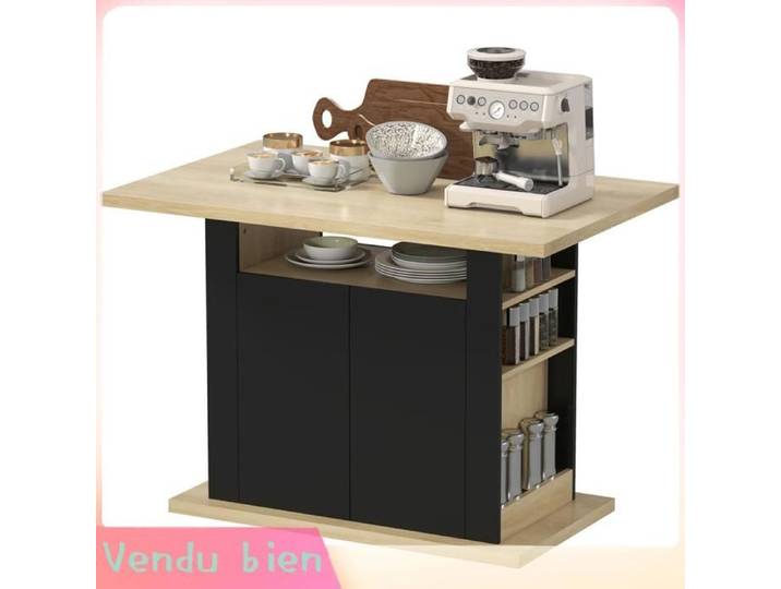 LIA Table ilot central cuisine noir 110x70x75 5cm 4 pers plan travail 4 portes