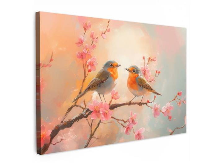MuchoWow Leinwandbild Rotkehlchen - Zierpflanze - Blütenzweig Wohnzimmer 120x80 cm, Hellrosa, Rechteckig, 120x80 cm, gerahmt, Bilder & Rahmen, Bilder, Leinwandbilder