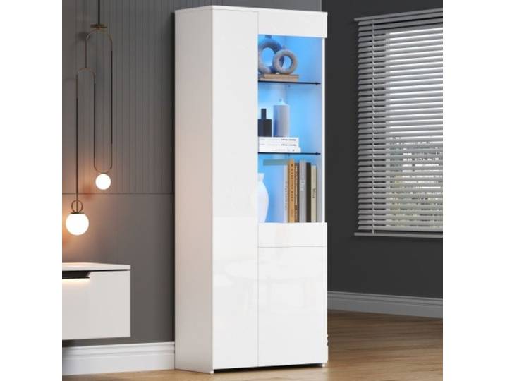 Vitrine de salon 70×35×180cm laquée brillante LED tiroirs meuble haut avec rangement