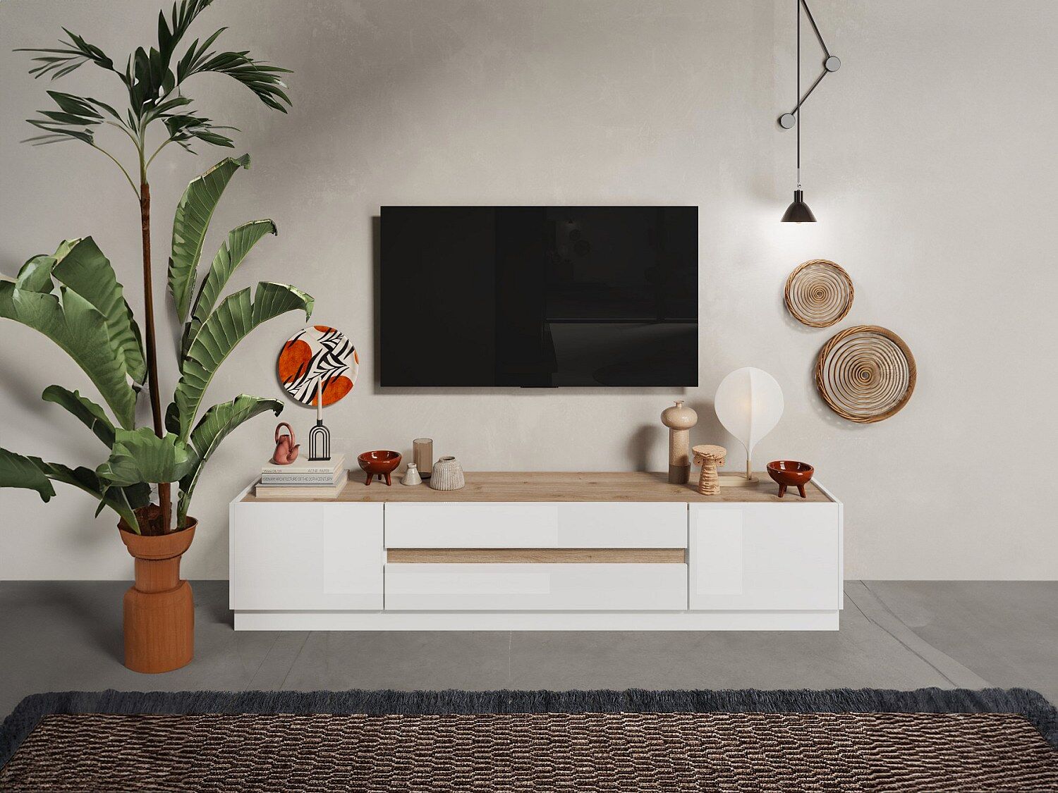 Unique Mueble de TV con 2 puertas y 2 cajones - Blanco lacado y Natural - EMORA
