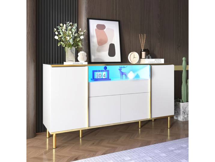 LPOSPI Buffet moderne blanc laqué avec tiroir et éclairage LED rangement design contemporain - 150x40x80 cm