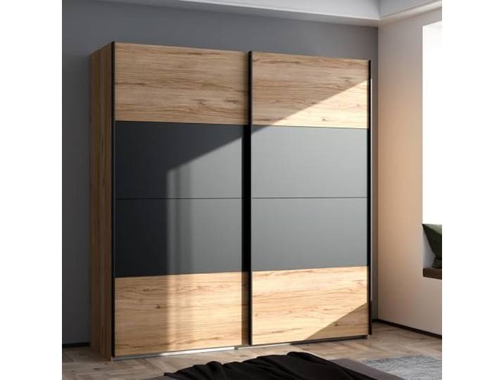 Forte DALATE Kleiderschrank 200, Klassischer Schwebetürenschrank mit Kontrastfronten, 2-türig, Holzwerkstoff, Catania Eiche/Schwarz, 200,1 cm breit, 210,5 cm hoch, 62,9 cm tief