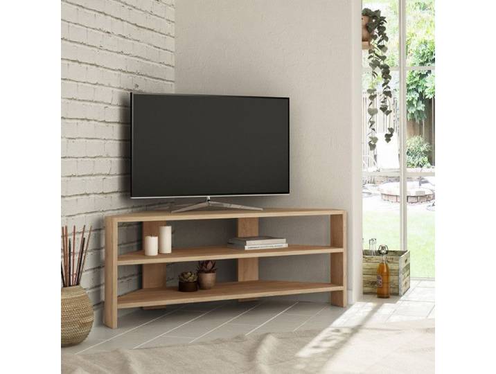 Meuble TV dangle Banc TV en bois MDF mélaminé chêne largeur 114 cm avec étagère style moderne
