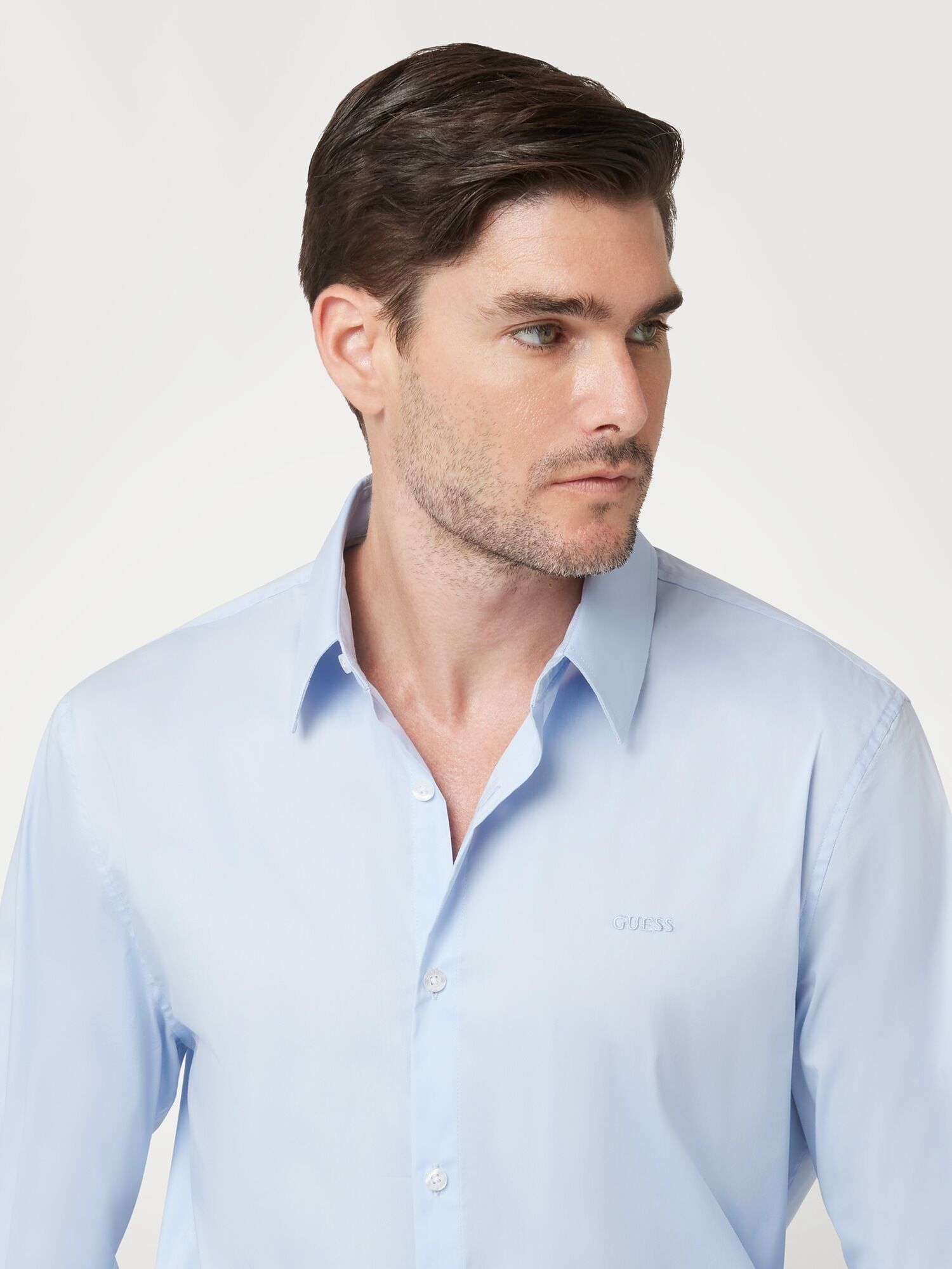 Langarmhemd GUESS "SUNSET", Herren, Gr. XXL, N-Gr, blau (airway blau), Web, Obermaterial: 75% Baumwolle, 22% Polyamid, 3% Elasthan, unifarben, slim fit normal, Rundhals, 2-Knopf-Manschette, Hemden Langarmhemd, Kentkragen, Slim Fit, Baumwoll-Mix
