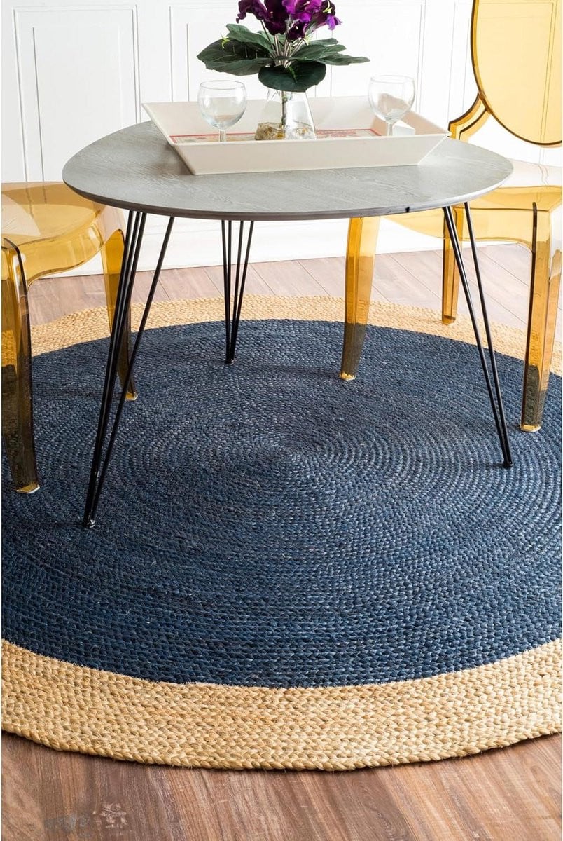Rond Handgeweven Jute Vloerkleed Blauw