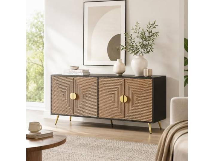 OLIVIBED 160cm Sideboard Wohnzimmer, Anrichte mit 4 Türen und Tischbeine, Wohnzimmerschrank für Wohnzimmer, Esszimmer, Schwarz und Holzmaserung