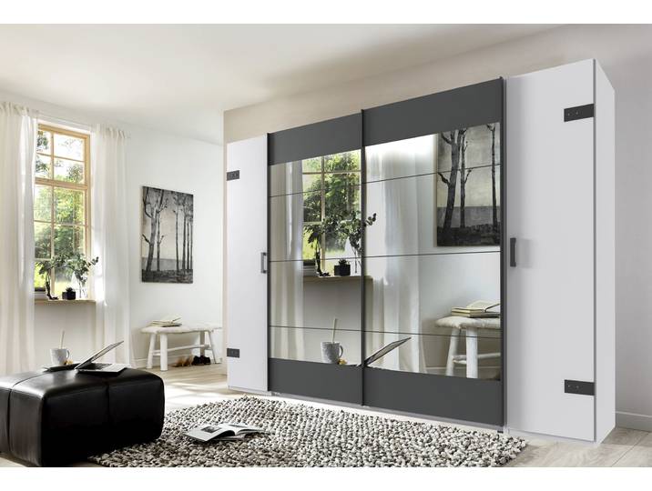 Schwebetürenschrank WIMEX Stockholm, Schlafzimmerschrank mit Industrial-Look, rustikale Optik , weiss (weiß, graphit), B:270cm H:210cm T:65cm, Holzwerkstoff, Schränke, Schwebetürenschrank, Kleiderschrank mit Spiegel BESTSELLER Schrank Garderobe