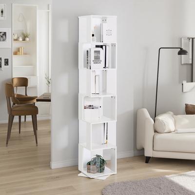 ZWYO HOSIMU "74.8""H 6-Tier Rotating Bookshelf - Wood Veneer & Acrylic Plate, Creative Floor Rack, Large Capacity with 360° Rotation"