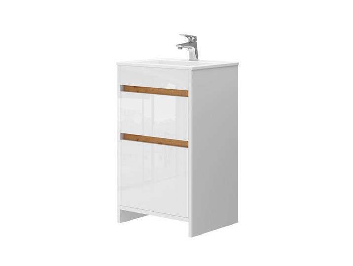 Vicco Waschbeckenunterschrank Detmold, Weiß Hochglanz/Goldkraft Eiche, 2-teilig, Weiß Hochglanz, Eichefarben, Holzwerkstoff, Weiß Hochglanz, Eichefarben, nicht einzeln stellbar,Rechteckig, 50x81.9x39 cm, Badezimmer, Waschbecken & Armaturen, Waschtische