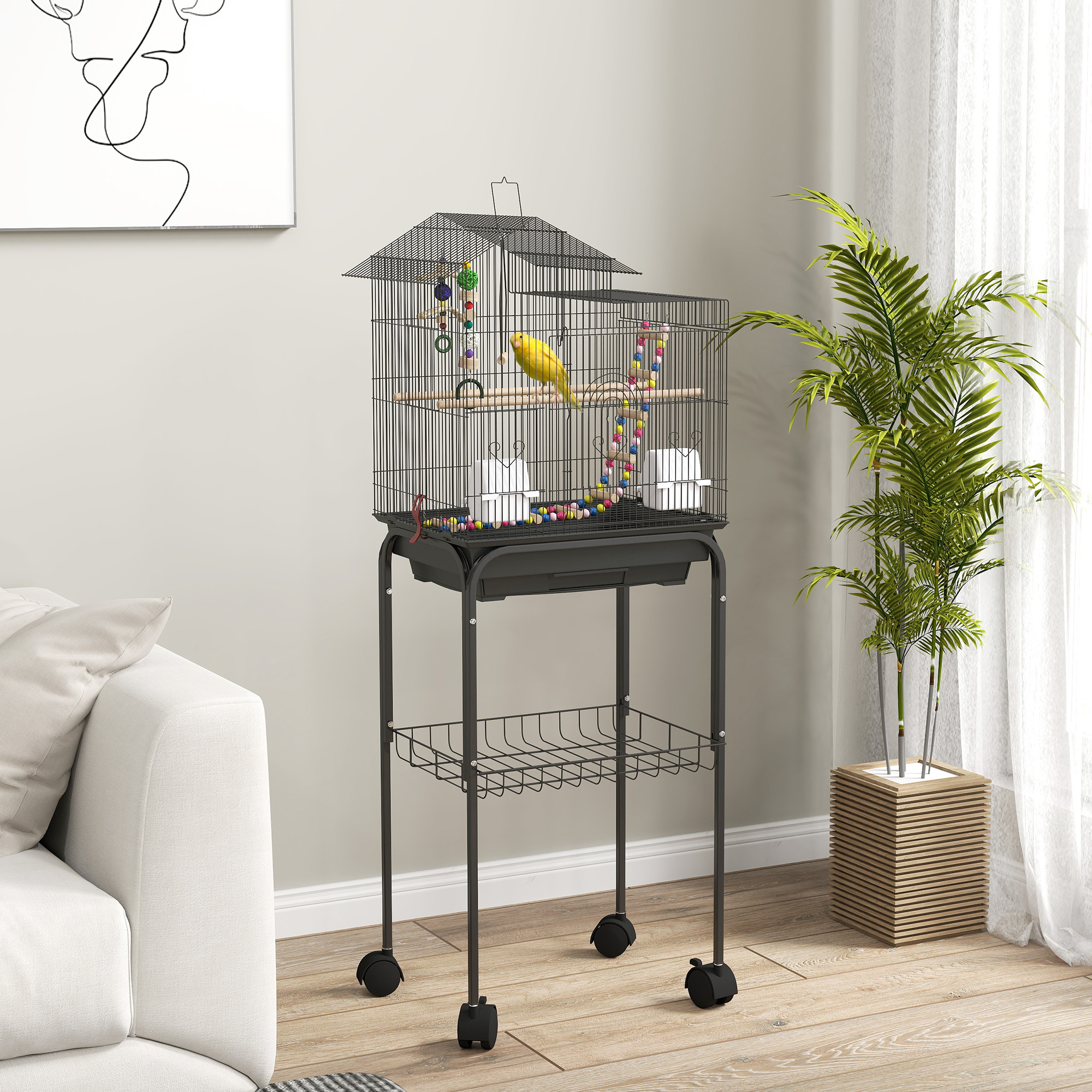 Pawhut Gabbia per Uccelli con Piedistallo, Ruote Girevoli, Ripiano e Accessori, 46x36x120 cm, Nero