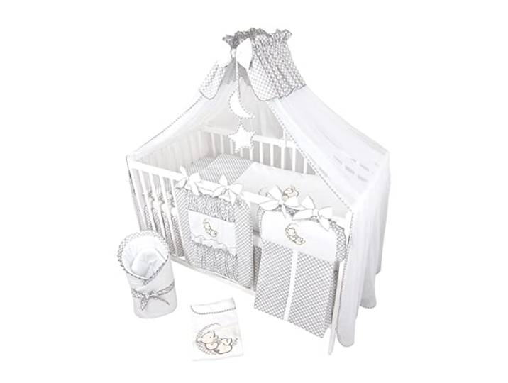 Bello24 - 14 Teiliges Kinderbettwäsche Babybettwäsche Komplettset ohne Bett Bestickt (Teddybär Mond) (90x120 cm)