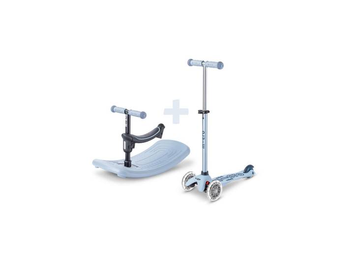 Micro Mobility Kinderscooter Mini Rock \u0026 Go, Pastellblau, Metall, Kunststoff, 28x45-77x67 cm, unisex, Hinterrad-Reibungsbremse, höhenverstellbarer Lenker mit Schnellspanner, Lenkstange abnehmbar, weiche Griffe, weicher Sitz, Räder mit LED-Licht, Freizeit & Co, Gartenspielzeug, Scooter