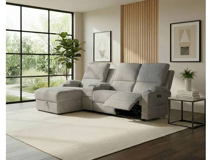 Ecksofa GOODPRODUCT NAPORI Cord, Multimediasofa, 3er Kinosessel XXL, L-Form , grau, B:240cm H:102cm T:155cm, 100% Polyester, Sofas, Ecksofa, Kinosofa, manuelle o. elektr. Relaxfunktion, Staufach, Getränkehalter