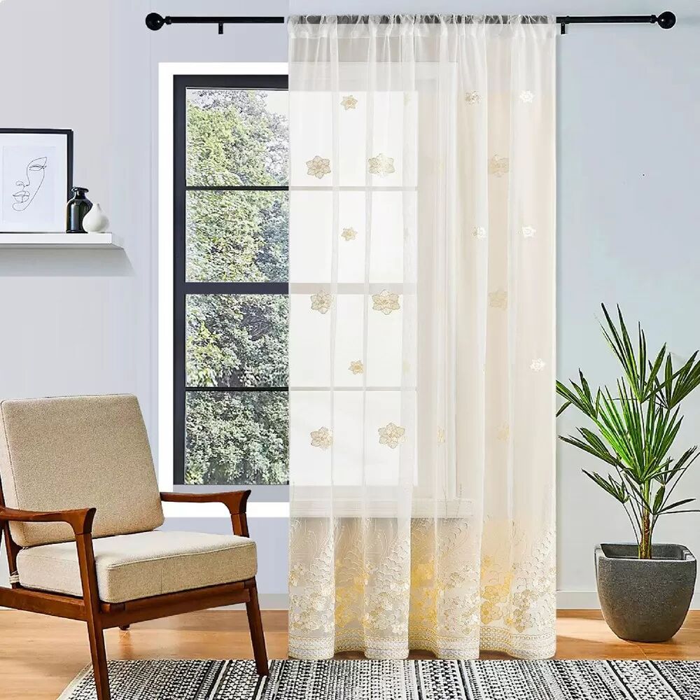 INF Gelber bestickter floraler, transparenter Voile-Schlaufenvorhang für Wohn- und Schlafzimmer M