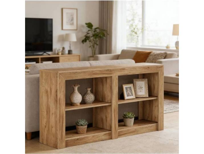 Table console AESVAR 150 cm en MDF marron 3 niveaux de rangement ouverts style contemporain
