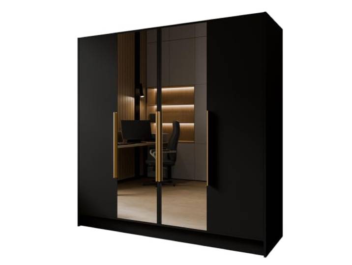 MEBLINI Kleiderschrank LUSINDA 200 cm - Drehtürenschrank mit Zwei Spiegeln - mit goldfarbenen Griffen - Kleiderstangen und Regalböden - Schwarz Matt