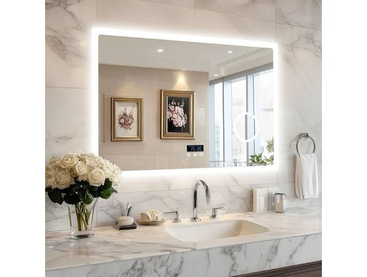 Miroir de salle de bain LED Bluetooth 100x70 cm Rétroéclairé Dimmable avec Loupe 3x et Écran