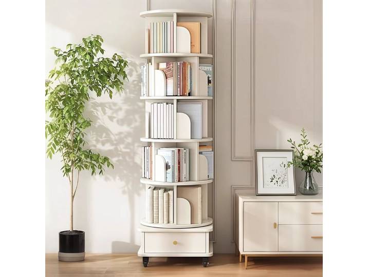 COVREO Bibliothèque ronde rotative à 360° 6 niveaux tiroir et roulettes MDF blanc 46 x 46 x 173 cm