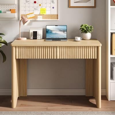 Bestier "39.3"" Fluted Wood Computer Desk with 2 Drawers, Ergonomic Home Office Desk"