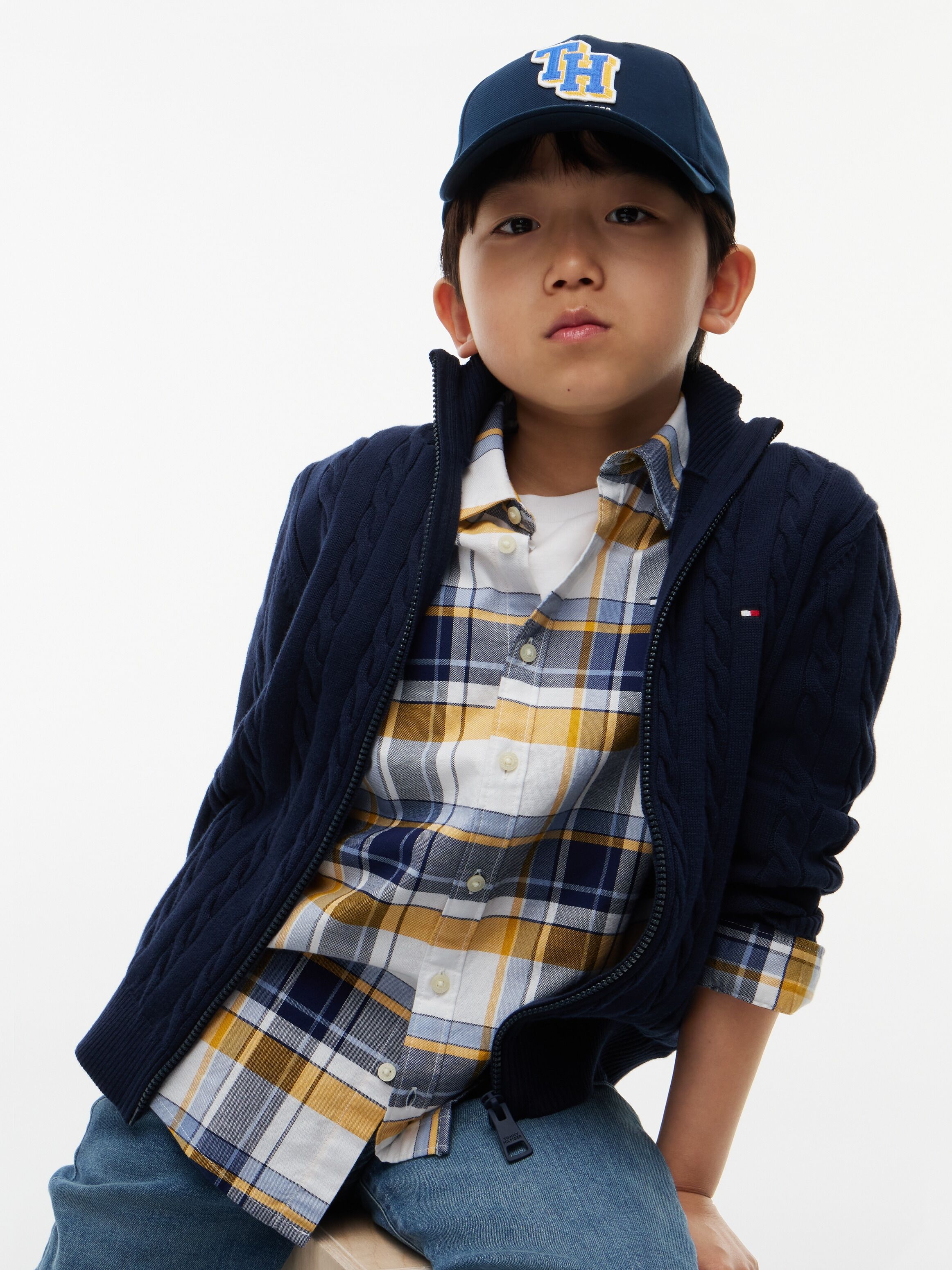 Strickjacke TOMMY HILFIGER, Jungen, Gr. 74, blau (dunkelblau), Strick, Obermaterial: 100% Baumwolle, unifarben, regular fit normal, hoch geschlossener Ausschnitt, Bündchen, Strickjacken Strickjacke, Zopfmuster, Stehkragen, reine Baumwolle, Kinder bis 16 J