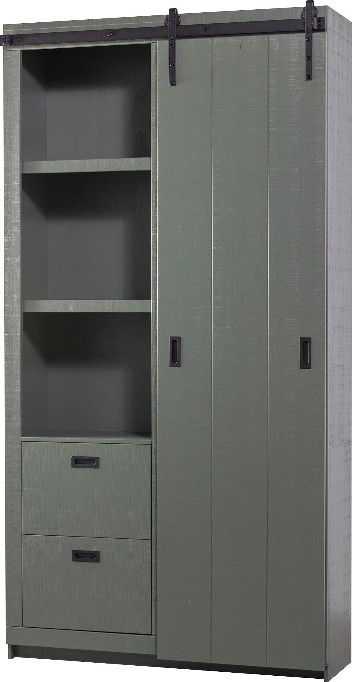 Vitrine WOOOD "Slide Barn FSC-Kiefernholz bandsägerauh, H 230 x B 122 x T 37 cm", grau (soap), B:122cm H:230cm T:37cm, Holzwerkstoff, Schränke, Vitrine, Metallschiene für Schiebetür, lackierte Oberfläche, pfleigleicht soap B/H/T: 122cm x 230cm x 37cm